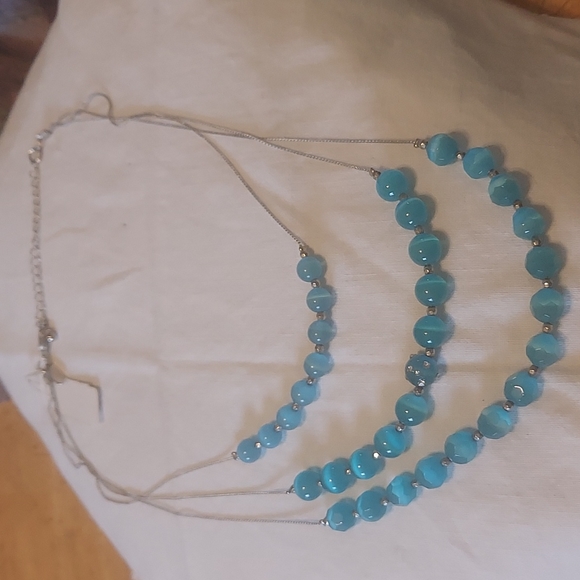 New York and Company Silvertone  and Blue beaded Statment Necklace #24 - Picture 2 of 6